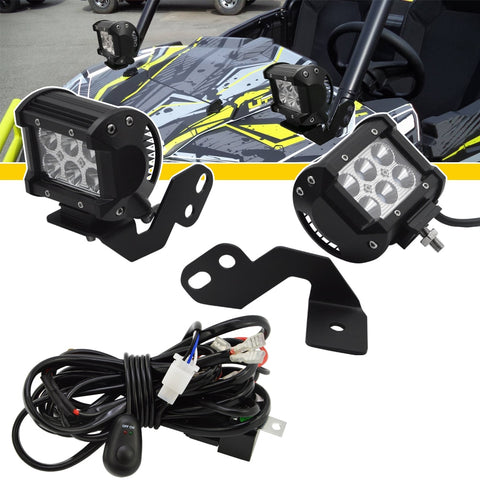 A-Pillar LED Light Pod Brackets, 4 inch 18W LED Light Pods, Wiring Kit Fits Polaris RZR 900 1000 Turbo Models